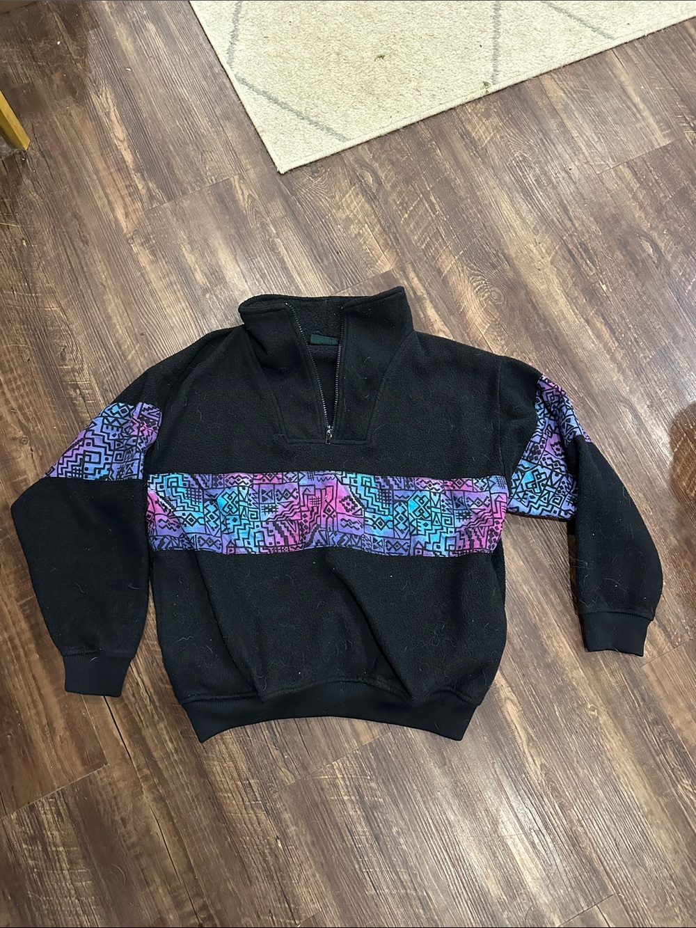 Vintage Cabin Creek Black Half-Zip Sweater with‎ Purple and Teal Geo Stripe